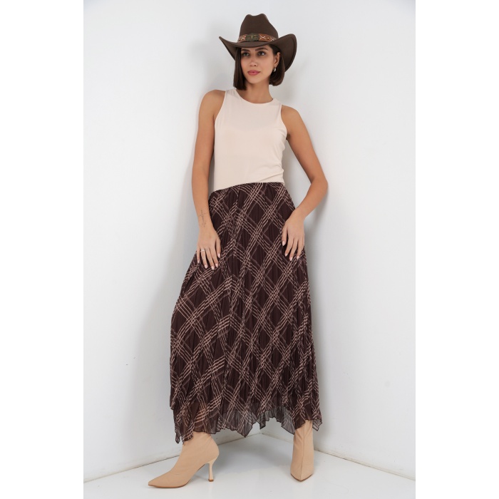 Kadın Asimetrik Kesim Şifon Etek 8056 - Kahverengi