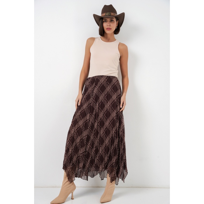 Kadın Asimetrik Kesim Şifon Etek 8056 - Kahverengi