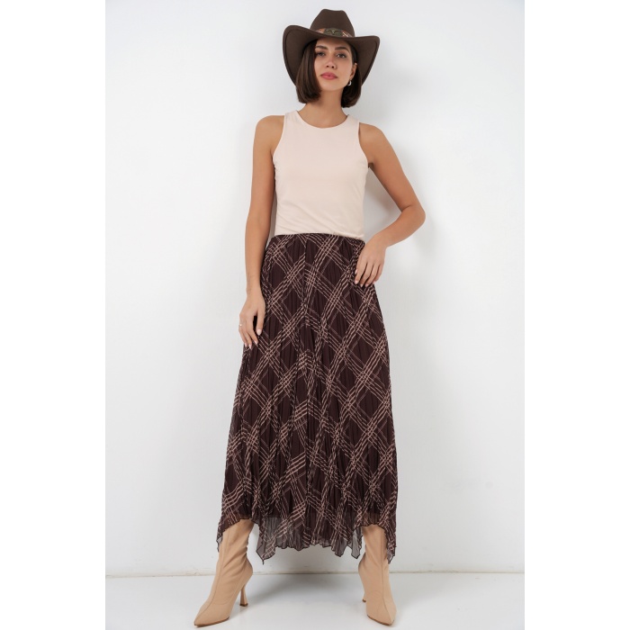 Kadın Asimetrik Kesim Şifon Etek 8056 - Kahverengi