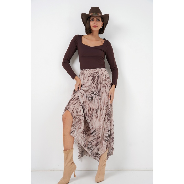 Kadın Asimetrik Kesim Şifon Etek 8056 - Bej