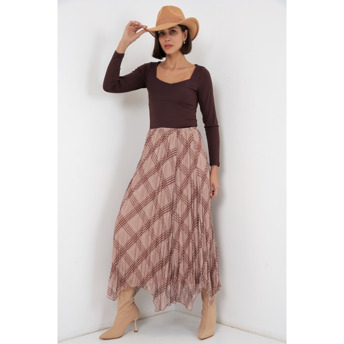 Kadın Asimetrik Kesim Şifon Etek 8056 - Vizon