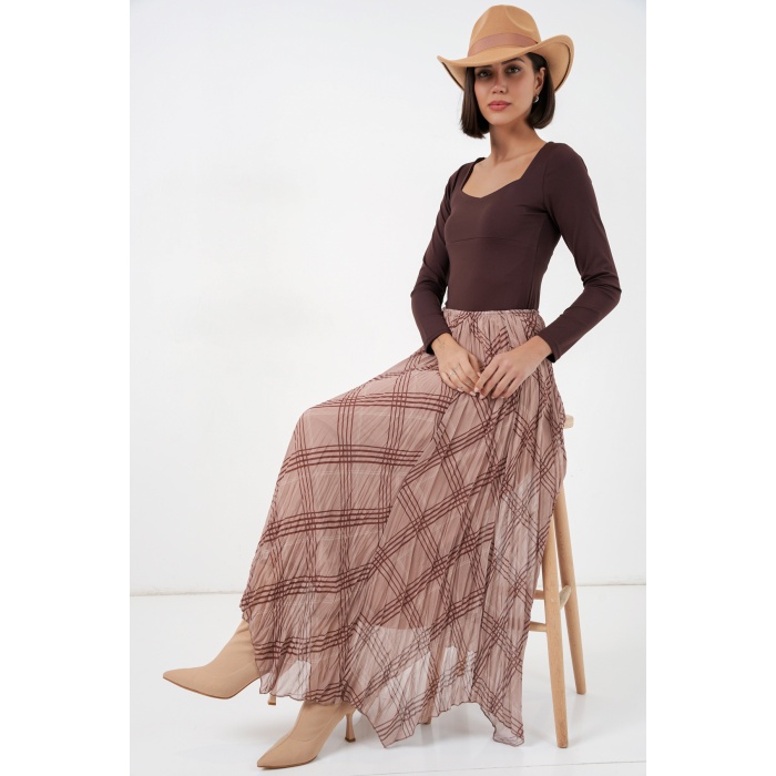 Kadın Asimetrik Kesim Şifon Etek 8056 - Vizon