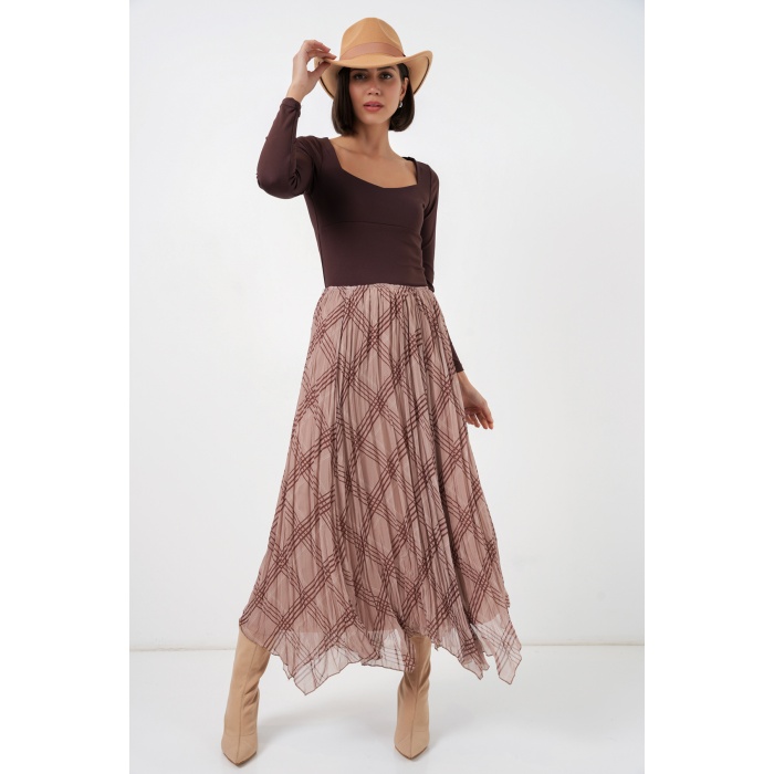 Kadın Asimetrik Kesim Şifon Etek 8056 - Vizon