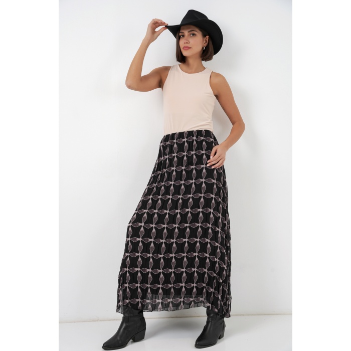 Kadın Desenli Astarlı Şifon Etek 8058 - Siyah