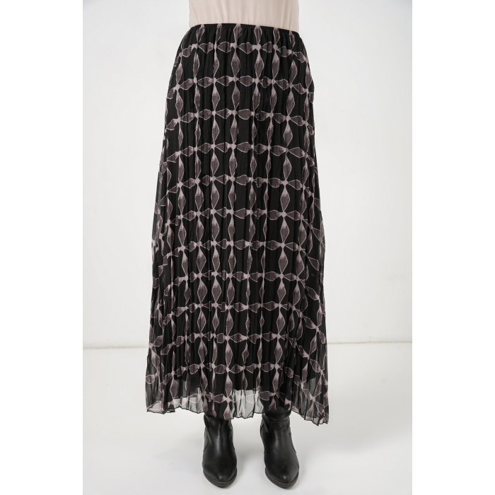 Kadın Desenli Astarlı Şifon Etek 8058 - Siyah