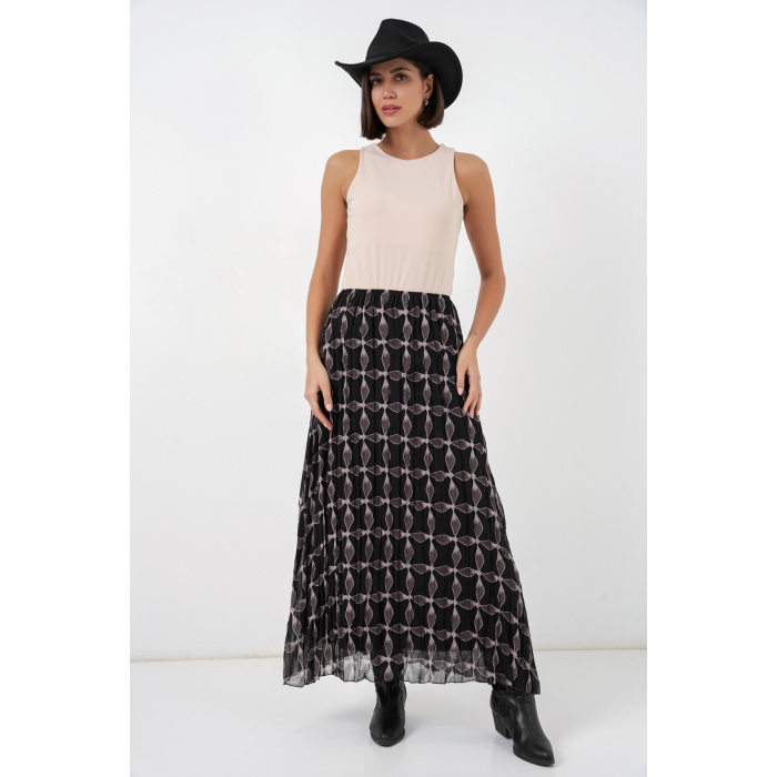 Kadın Desenli Astarlı Şifon Etek 8058 - Siyah