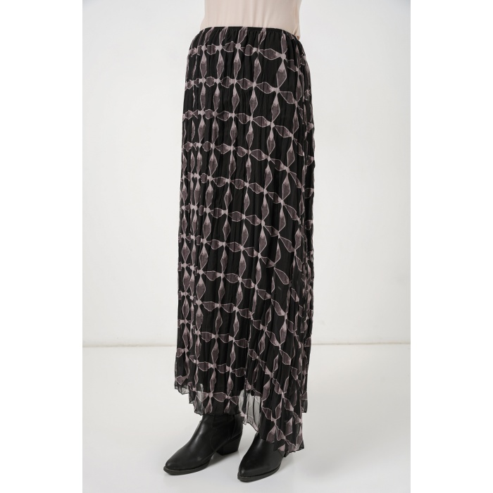 Kadın Desenli Astarlı Şifon Etek 8058 - Siyah