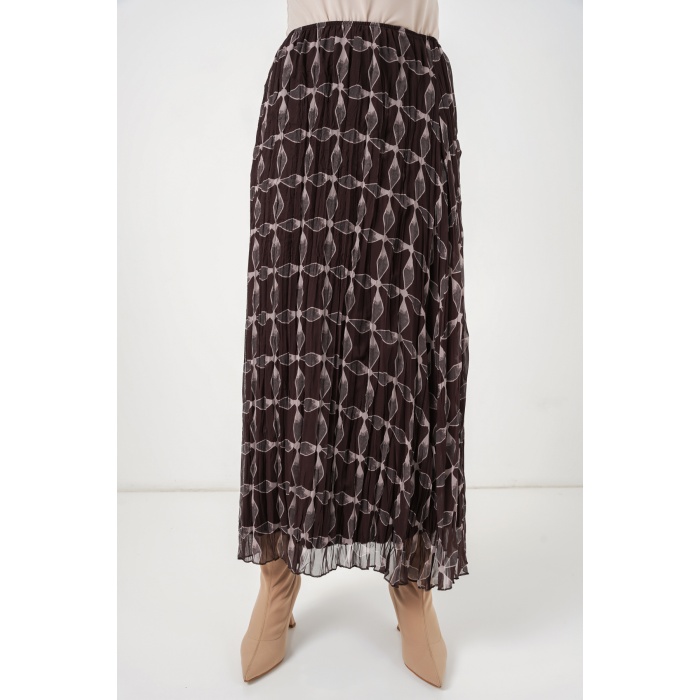 Kadın Desenli Astarlı Şifon Etek 8058 - Kahverengi
