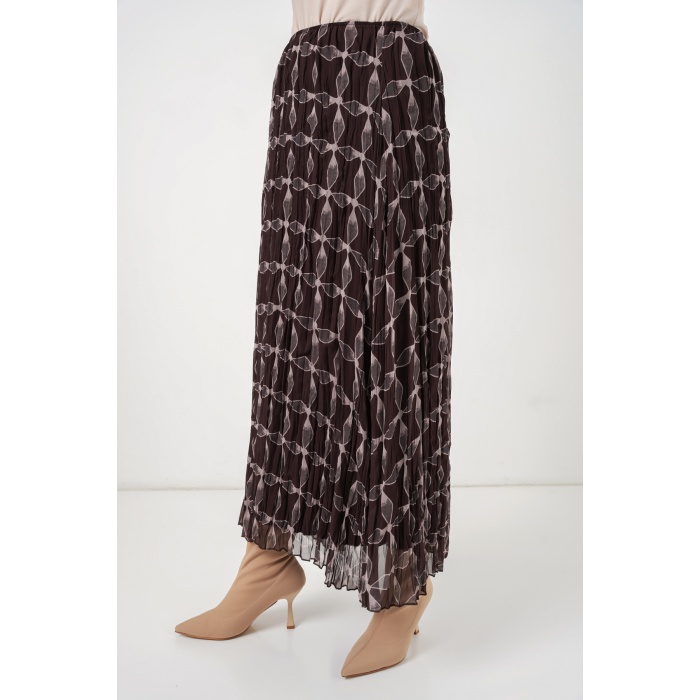 Kadın Desenli Astarlı Şifon Etek 8058 - Kahverengi