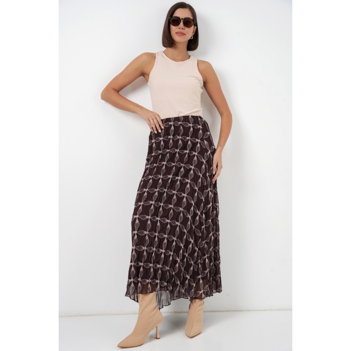 Kadın Desenli Astarlı Şifon Etek 8058 - Kahverengi