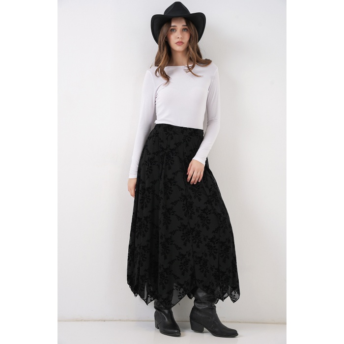 Kadın Desenli Astarlı Etek 8059 - Siyah