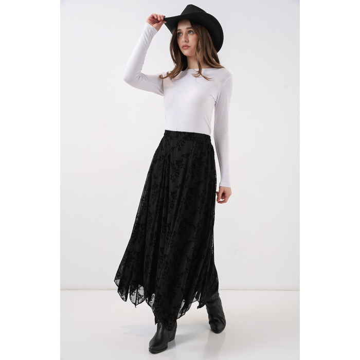 Kadın Desenli Astarlı Etek 8059 - Siyah