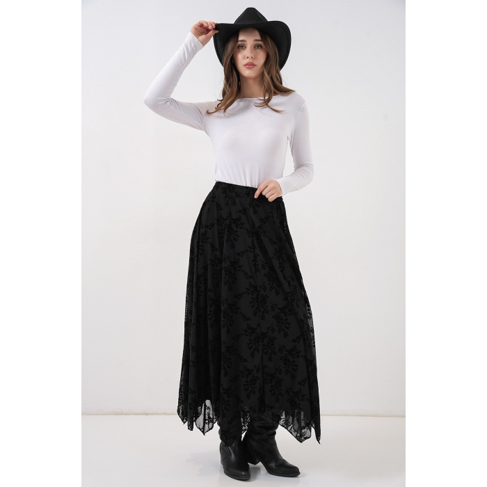 Kadın Desenli Astarlı Etek 8059 - Siyah