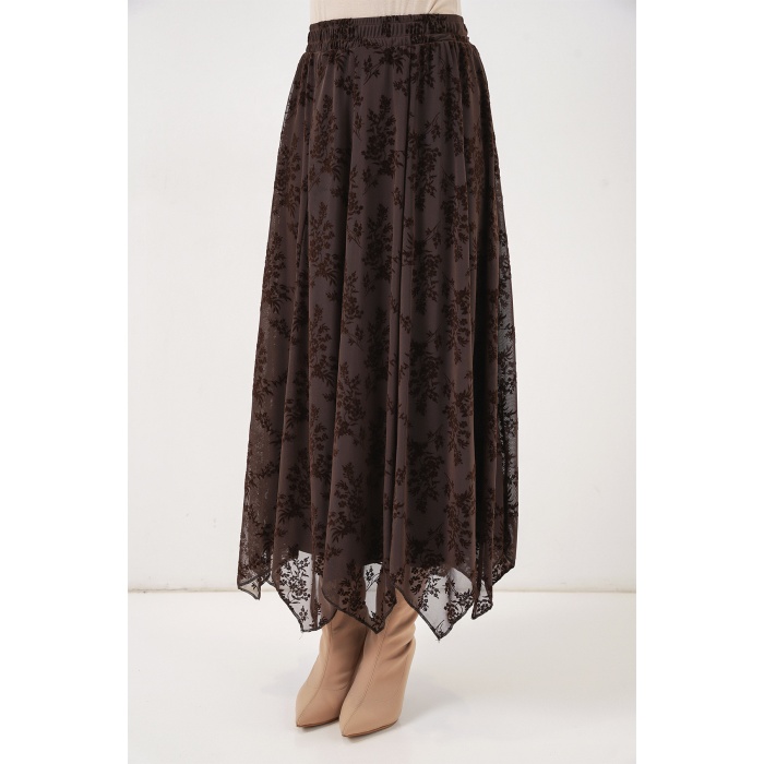 Kadın Desenli Astarlı Etek 8059 - Kahverengi