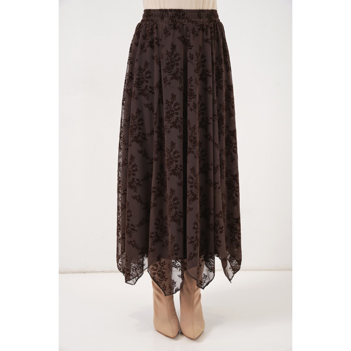 Kadın Desenli Astarlı Etek 8059 - Kahverengi