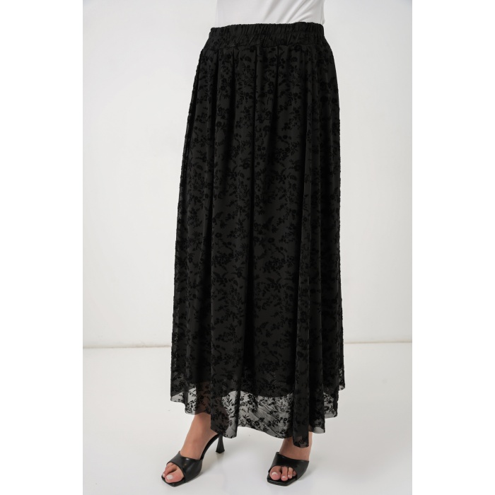 Kadın Flok Baskılı Astarlı Etek 8069 - Siyah