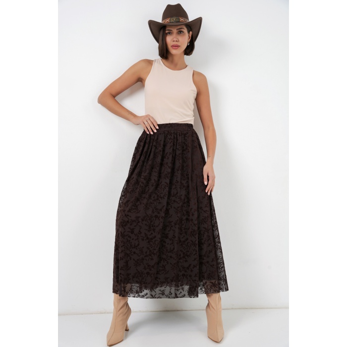 Kadın Flok Baskılı Astarlı Etek 8069 - Kahverengi