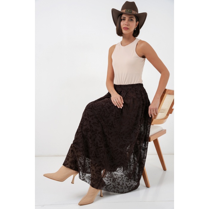 Kadın Flok Baskılı Astarlı Etek 8069 - Kahverengi