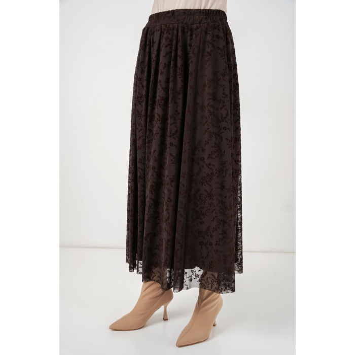 Kadın Flok Baskılı Astarlı Etek 8069 - Kahverengi