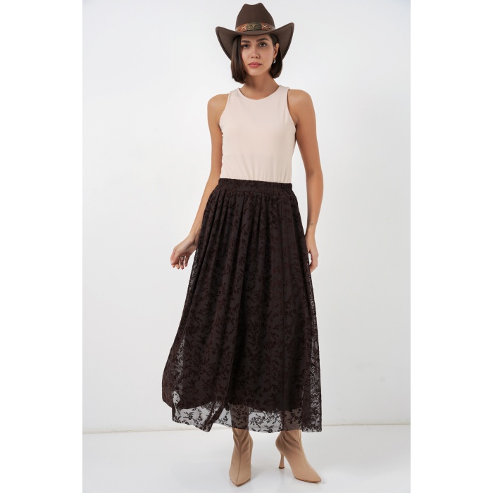 Kadın Flok Baskılı Astarlı Etek 8069 - Kahverengi