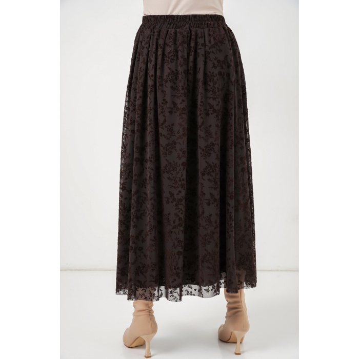 Kadın Flok Baskılı Astarlı Etek 8069 - Kahverengi