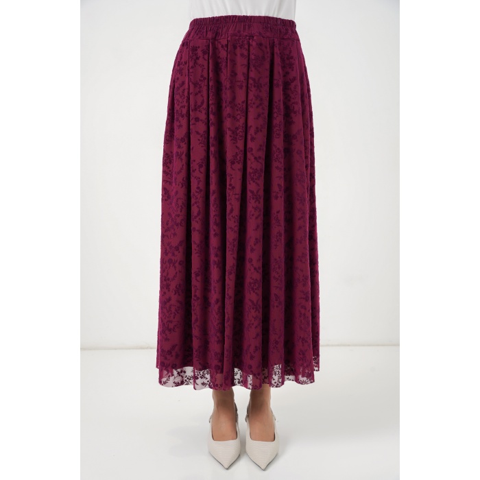 Kadın Flok Baskılı Astarlı Etek 8069 - Mürdüm