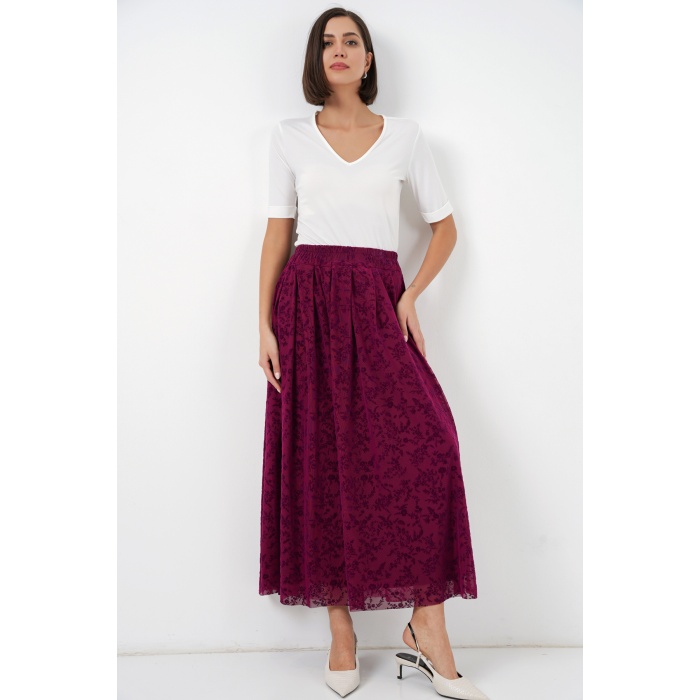 Kadın Flok Baskılı Astarlı Etek 8069 - Mürdüm