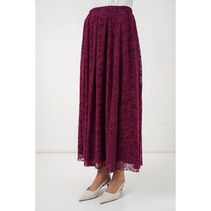 Kadın Flok Baskılı Astarlı Etek 8069 - Mürdüm