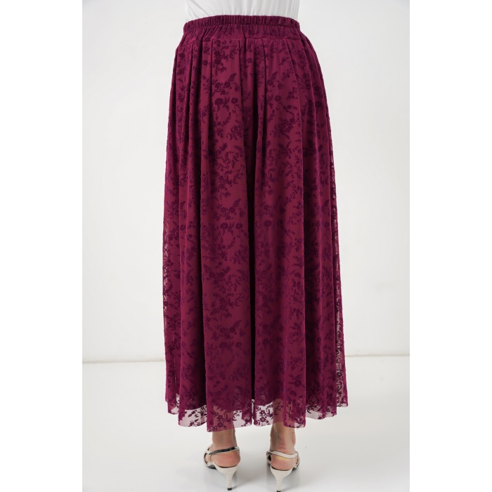 Kadın Flok Baskılı Astarlı Etek 8069 - Mürdüm