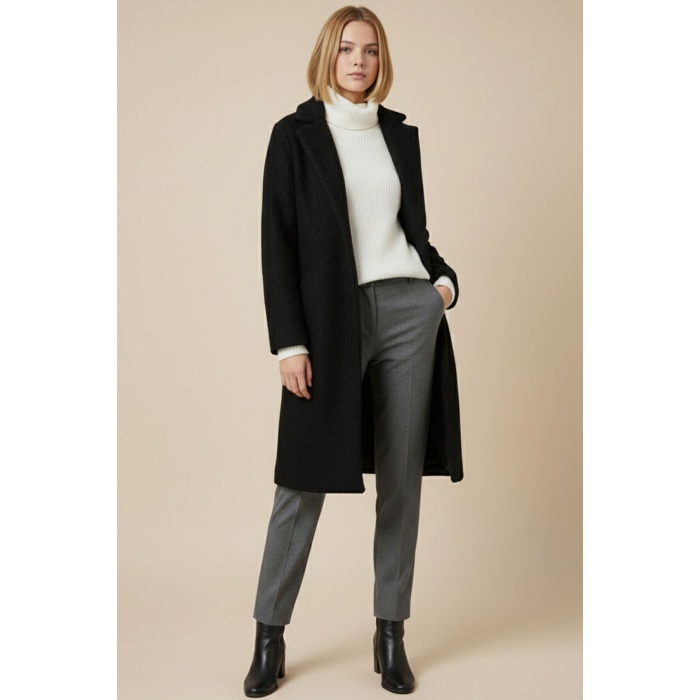 9085 Kadın Oversize Kaşe Kaban - D. Siyah