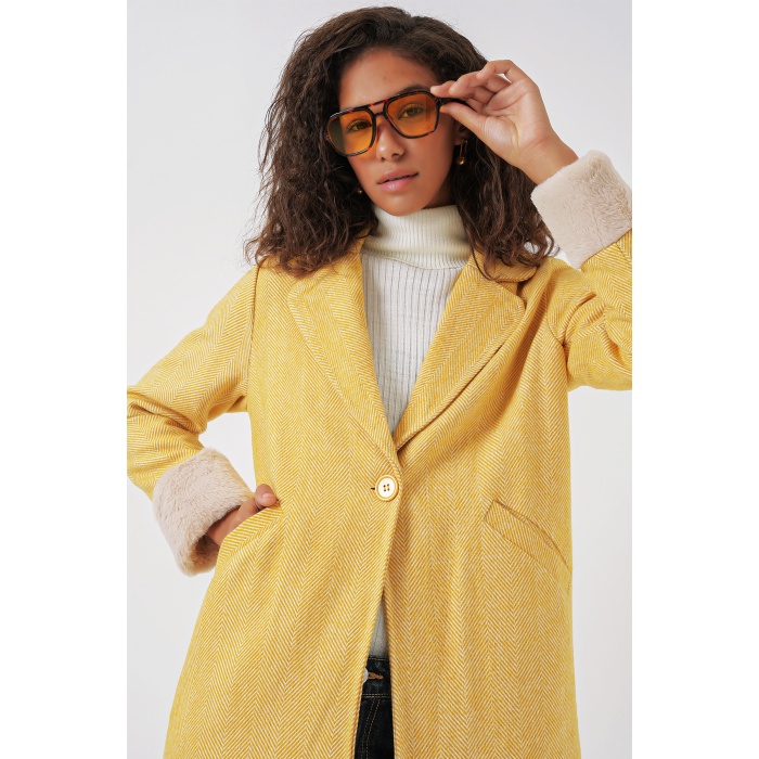 9085 Balık Sırtı Kaşe Kaban - B.Sarı