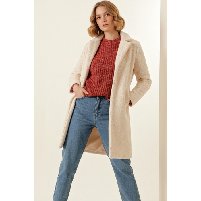 9085 Kadın Oversize Kaşe Kaban - M. Krem