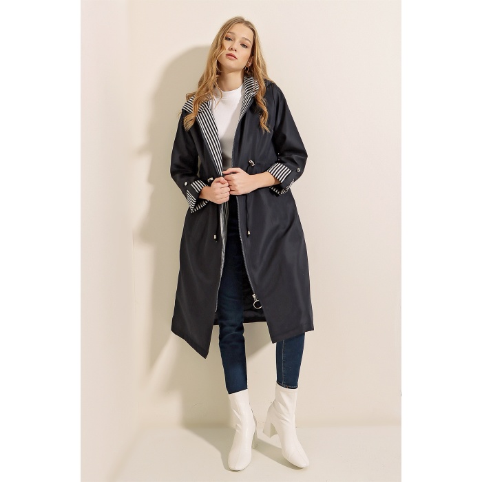 9091 Beli Büzgülü Kapşonlu Trençkot - Lacivert