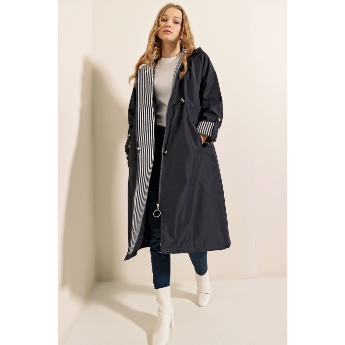 9091 Beli Büzgülü Kapşonlu Trençkot - Lacivert