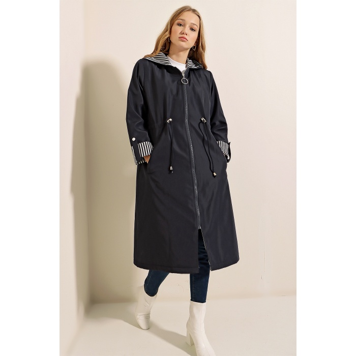9091 Beli Büzgülü Kapşonlu Trençkot - Lacivert