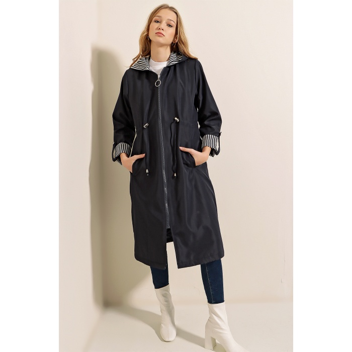 9091 Beli Büzgülü Kapşonlu Trençkot - Lacivert