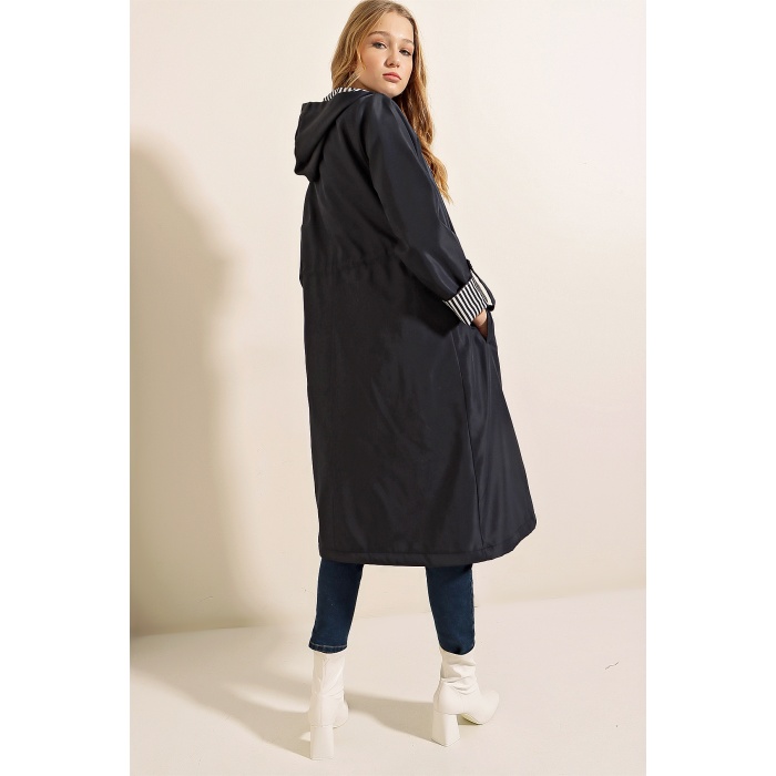 9091 Beli Büzgülü Kapşonlu Trençkot - Lacivert