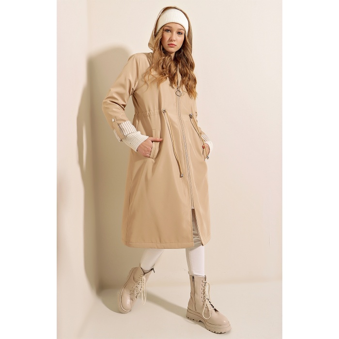 9091 Beli Büzgülü Kapşonlu Trençkot - Bej