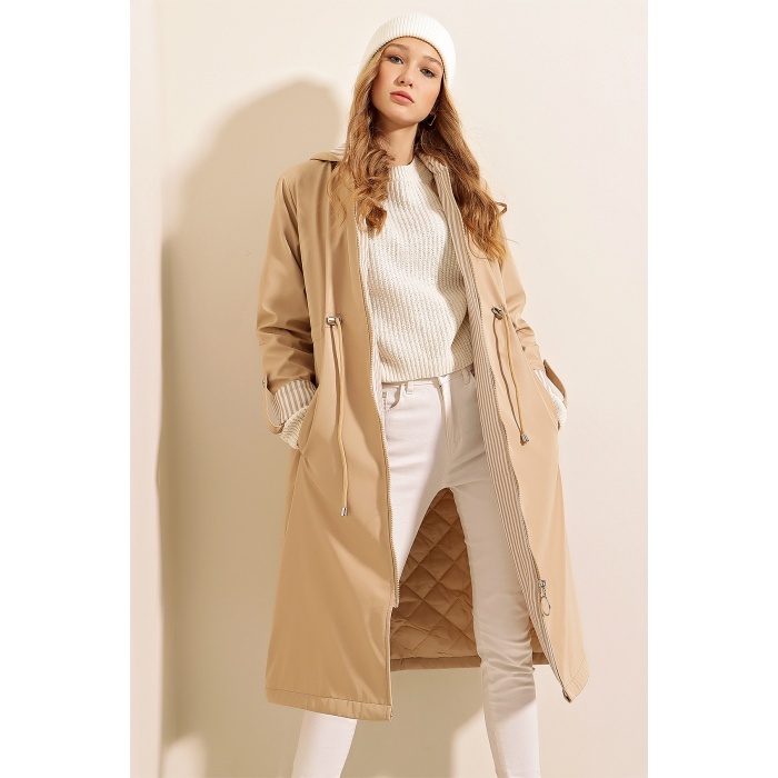 9091 Beli Büzgülü Kapşonlu Trençkot - Bej