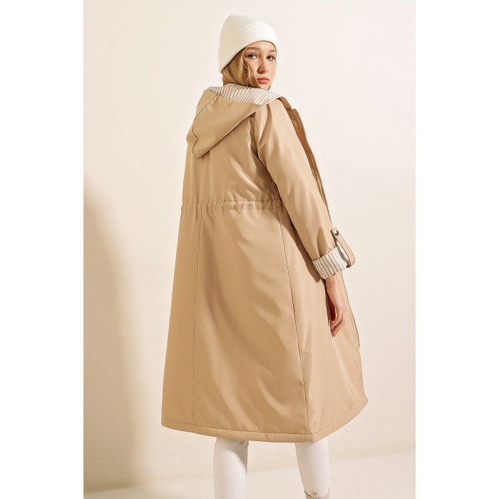 9091 Beli Büzgülü Kapşonlu Trençkot - Bej