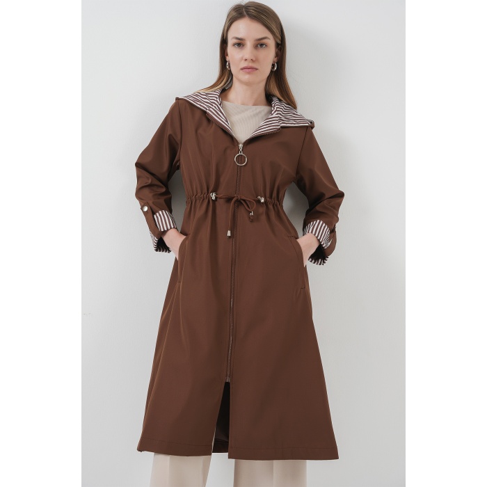9091 Beli Büzgülü Kapşonlu Trençkot - M. Kahverengi