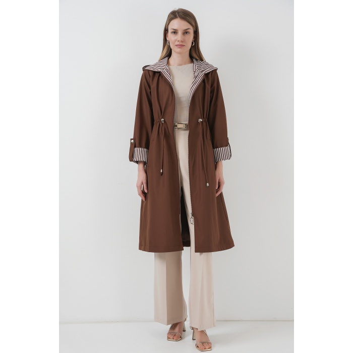 9091 Beli Büzgülü Kapşonlu Trençkot - M. Kahverengi