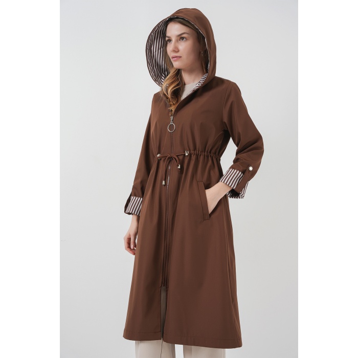 9091 Beli Büzgülü Kapşonlu Trençkot - M. Kahverengi