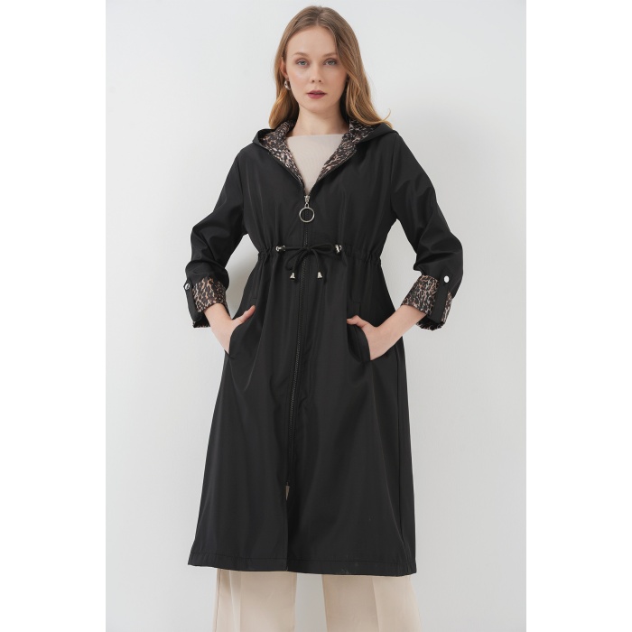 9091 Beli Büzgülü Kapşonlu Trençkot - Düz Siyah