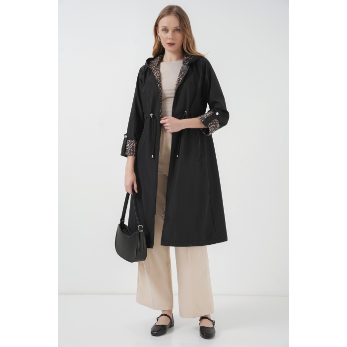 9091 Beli Büzgülü Kapşonlu Trençkot - Düz Siyah