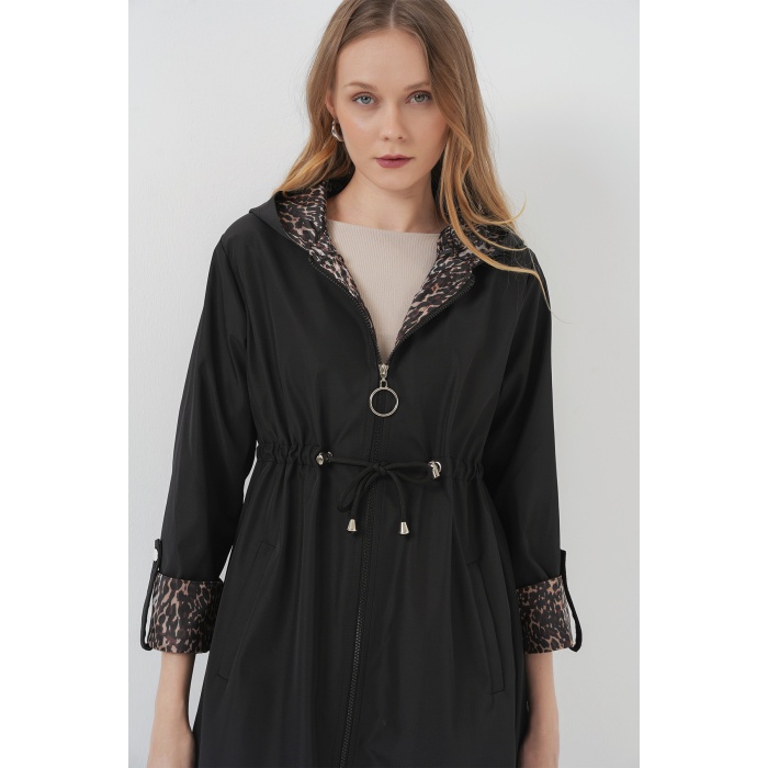 9091 Beli Büzgülü Kapşonlu Trençkot - Düz Siyah