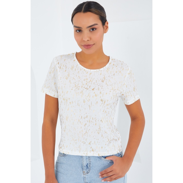 Kadın Ekru Varaklı Basic Tişört 909