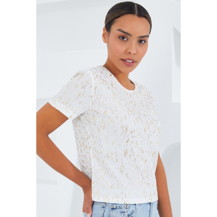 Kadın Ekru Varaklı Basic Tişört 909