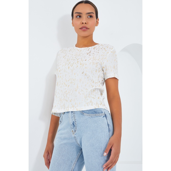 Kadın Ekru Varaklı Basic Tişört 909