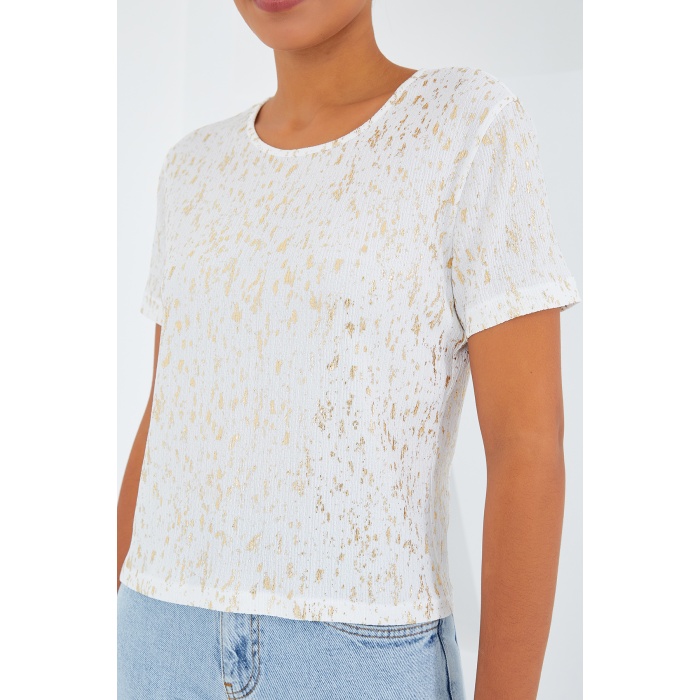 Kadın Ekru Varaklı Basic Tişört 909